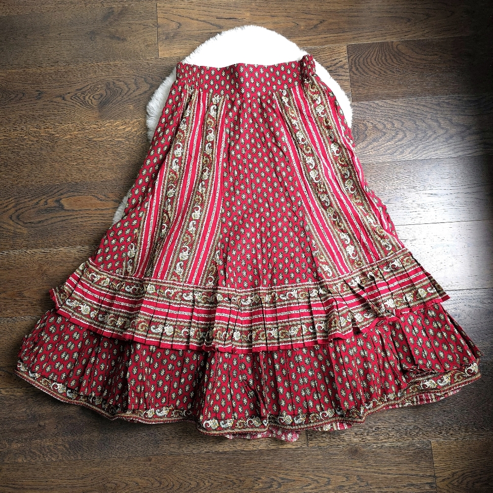 Vintage French Valdrome Paisley Boho Tiered Pleated Peasant Midi Skirt
